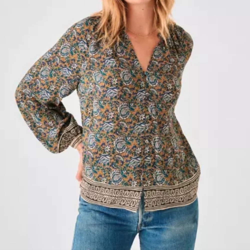 Faherty Fairfield Border Naomi Blouse Top Button Front Size Medium